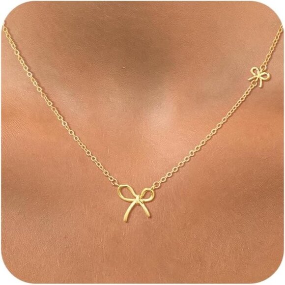 Women Gold Dainty Bow 14K Choker Chain Layered Necklaces Non Tarnish - Picture 1 of 9